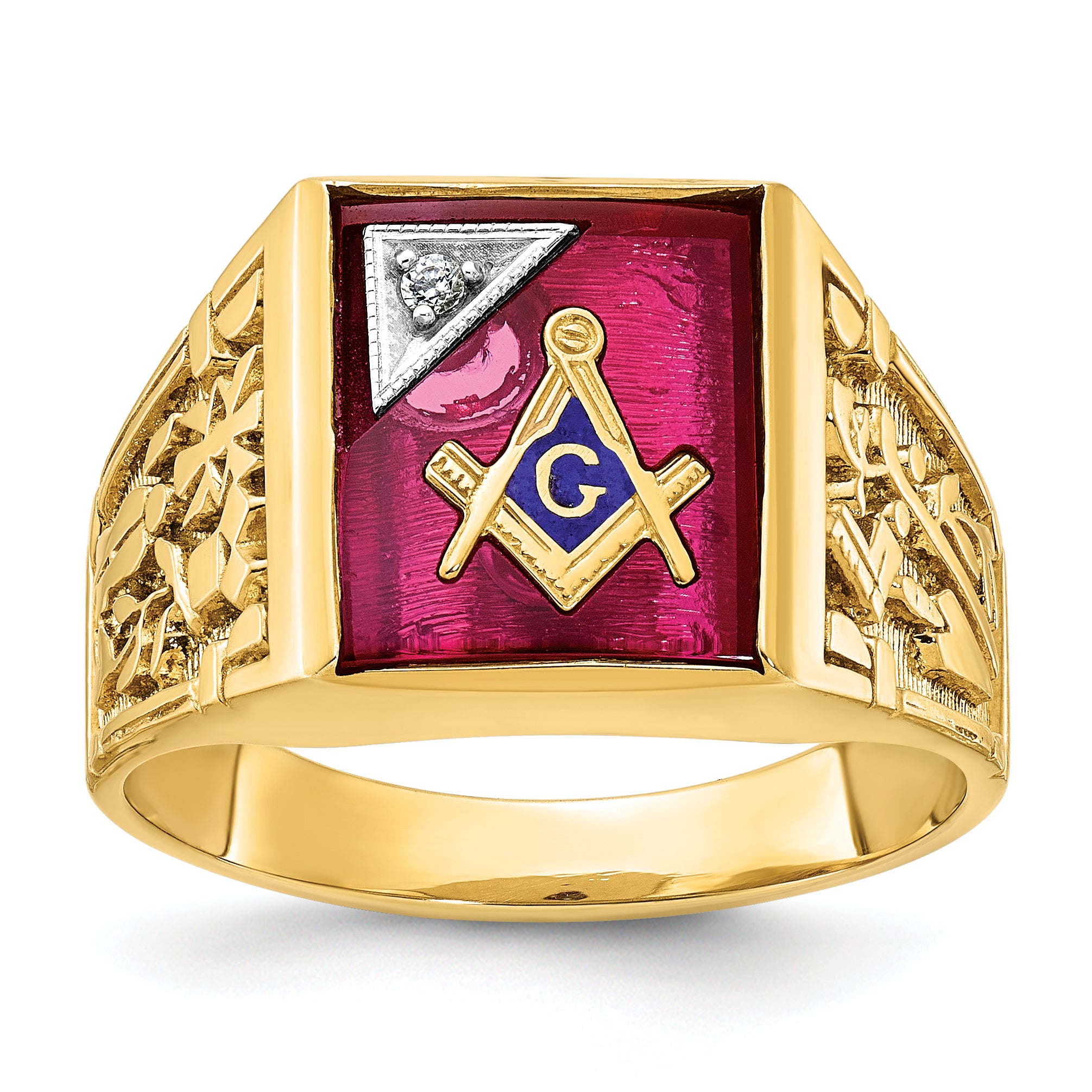 10k Two-tone Men's Polished and Textured with Lab Created Ruby and Diamond Blue Lodge Master Masonic Ring