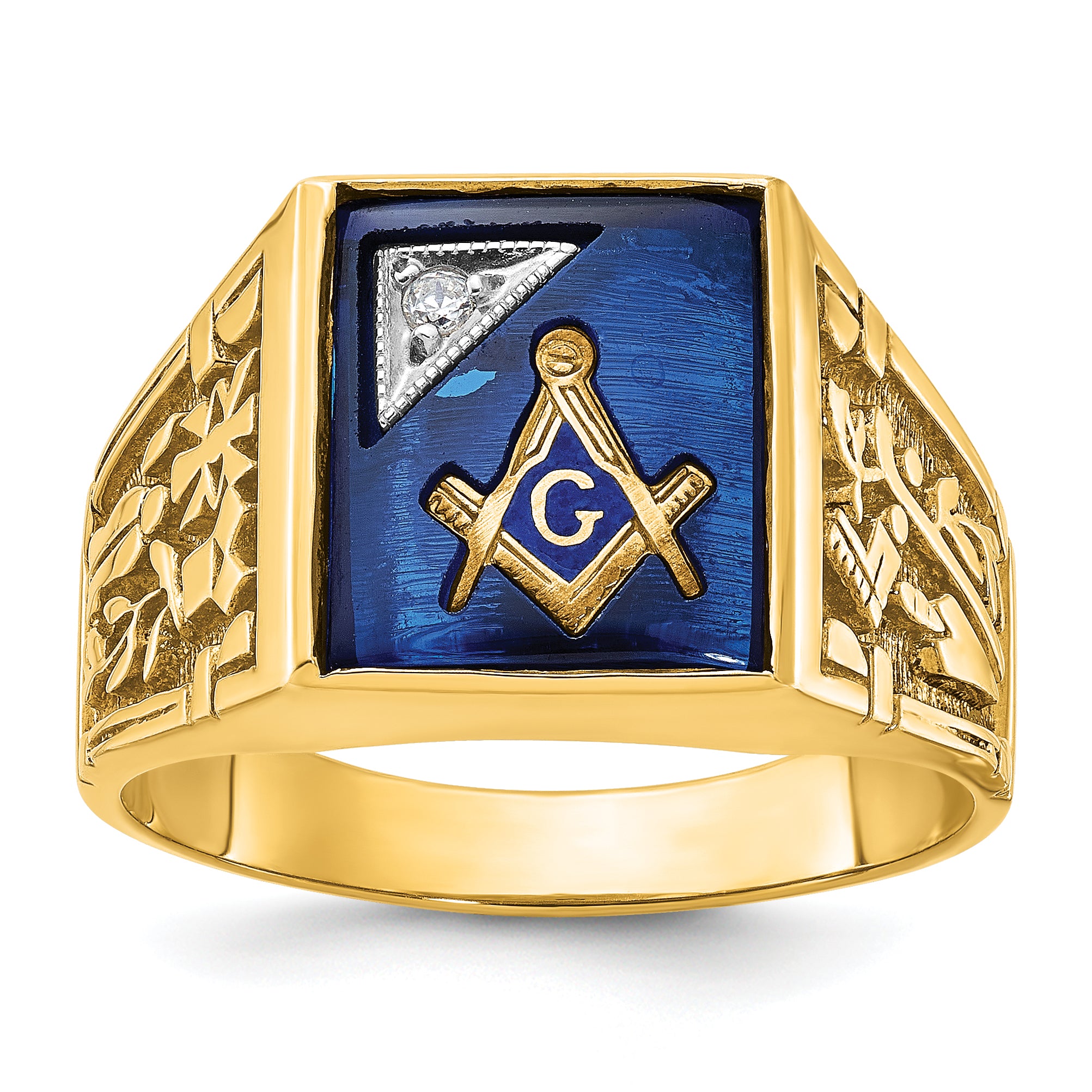10k Two-tone Men's Polished and Textured with Lab Created Sapphire and Diamond Blue Lodge Master Masonic Ring