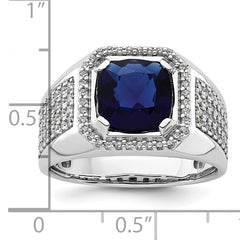 14k White Gold 7/8 carat Lab Grown Diamond VS/SI+ G+ and Created Blue Sapphire Complete Men's Ring