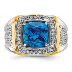 14k Two-Tone 3/4 carat Lab Grown Diamond VS/SI+ G+ and Blue Topaz Complete Men's Ring