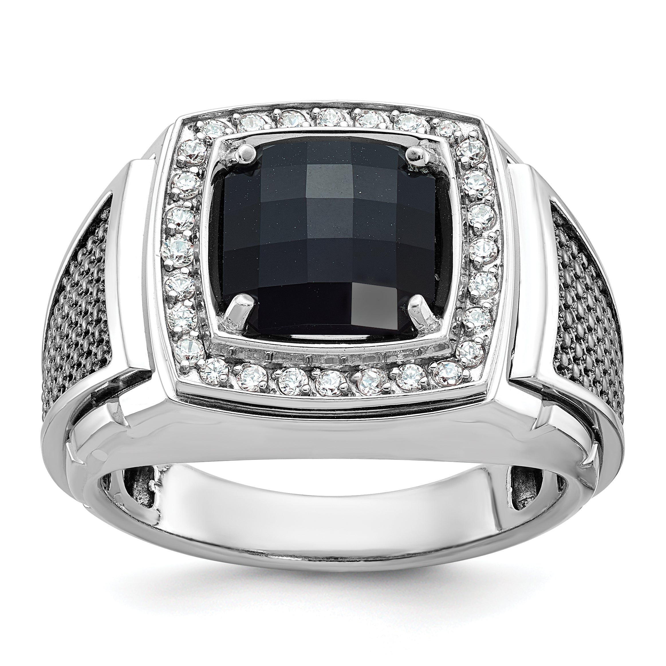 10k White Gold Men's Black Rhodium Onyx and Diamond Complete Ring