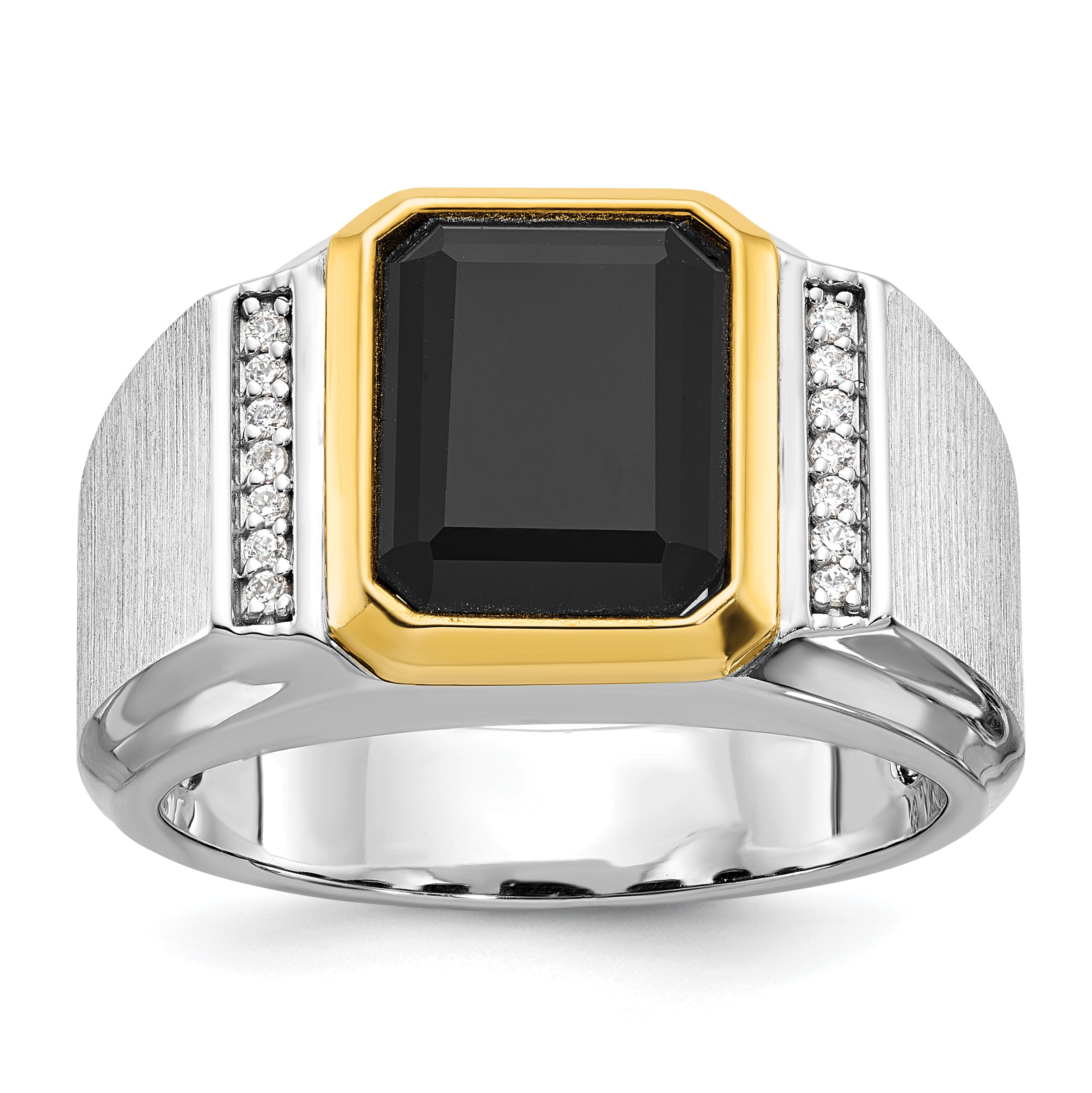 10k Two-tone Men's Polished and Satin Onyx Diamond Complete Ring