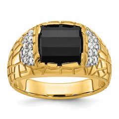 10k Men's Polished and Nugget Textured Onyx and 1/4 Carat A Quality Diamond Ring
