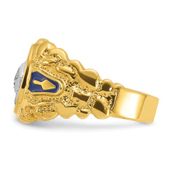 10k Two-tone Men's Polished and Nugget Textured Diamond Blue Lodge Master Masonic Ring