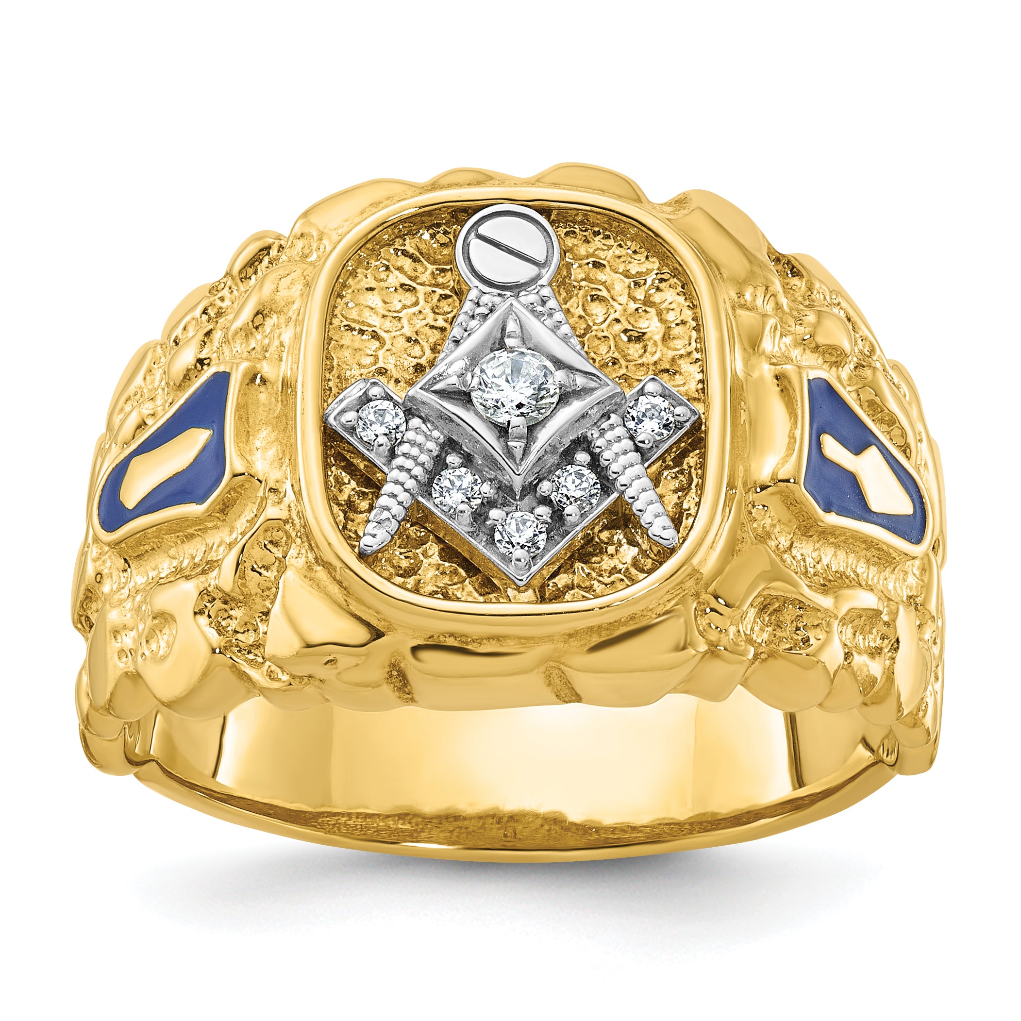 10k Two-tone Men's Polished and Nugget Textured Diamond Blue Lodge Master Masonic Ring