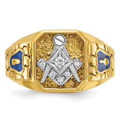 10k Two-tone Men's Polished and Textured with Blue Enamel and Diamond Blue Lodge Master Masonic Ring