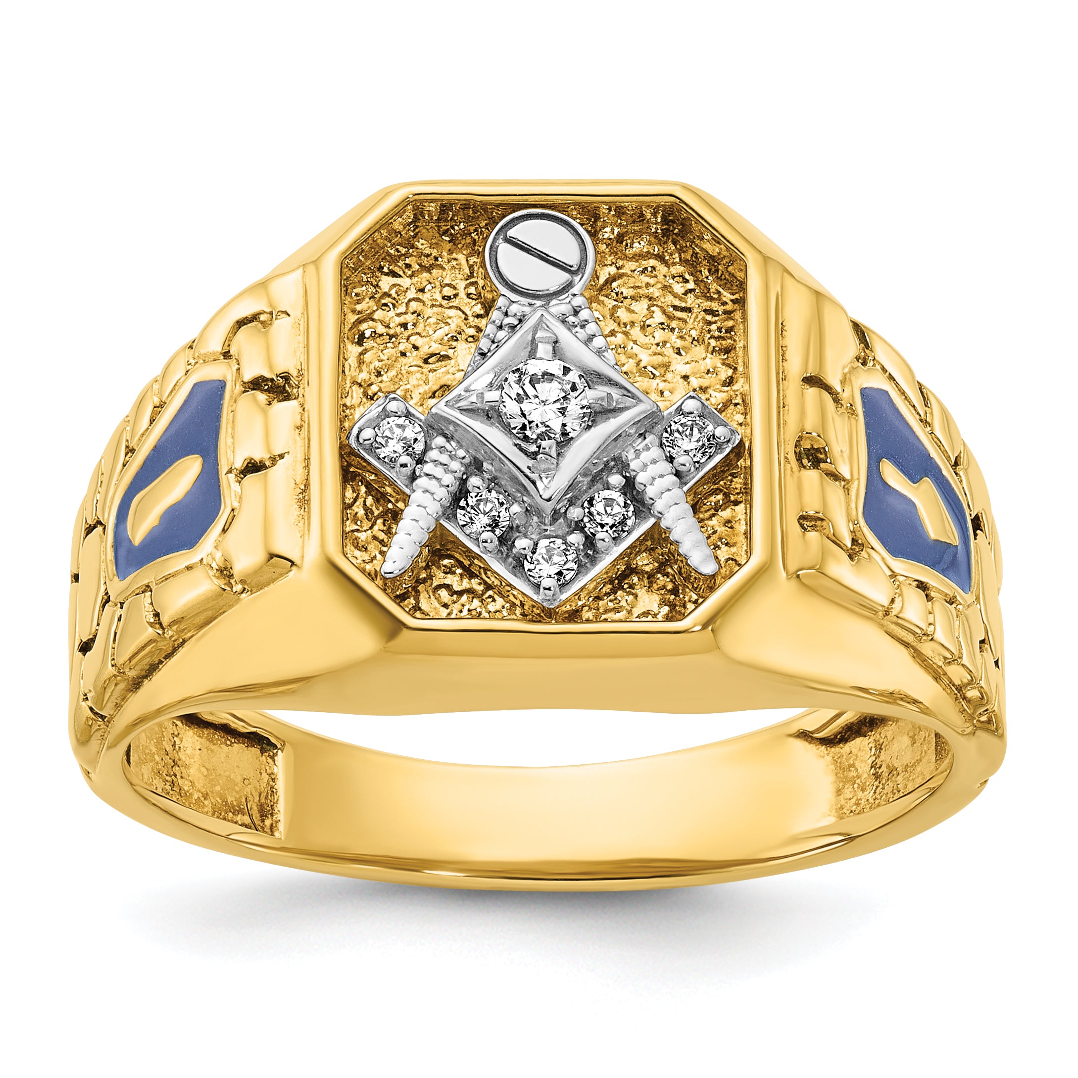 10k Two-tone Men's Polished and Textured with Blue Enamel and Diamond Blue Lodge Master Masonic Ring