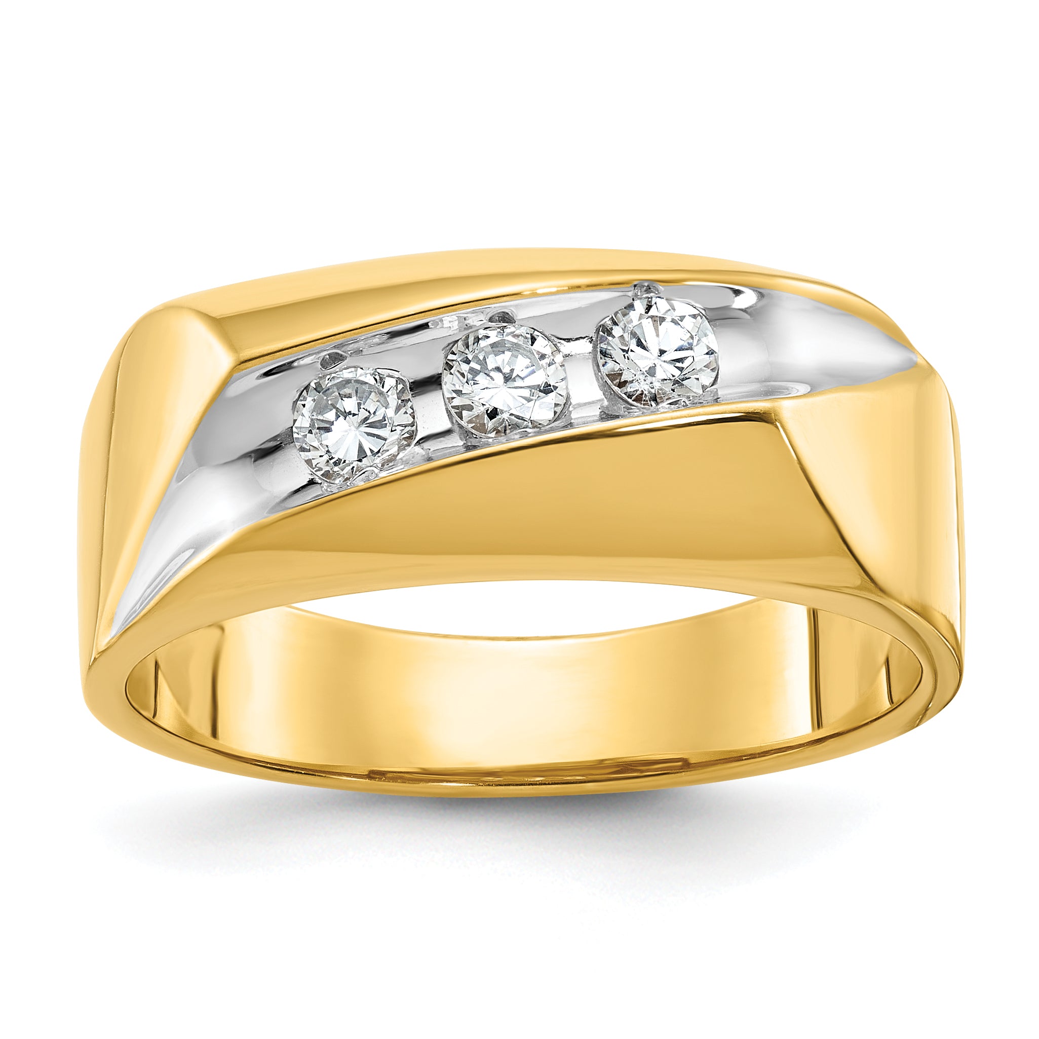 14k with White Rhodium Men's Polished and Grooved 3-Stone 1/3 Carat AA Quality Diamond Ring