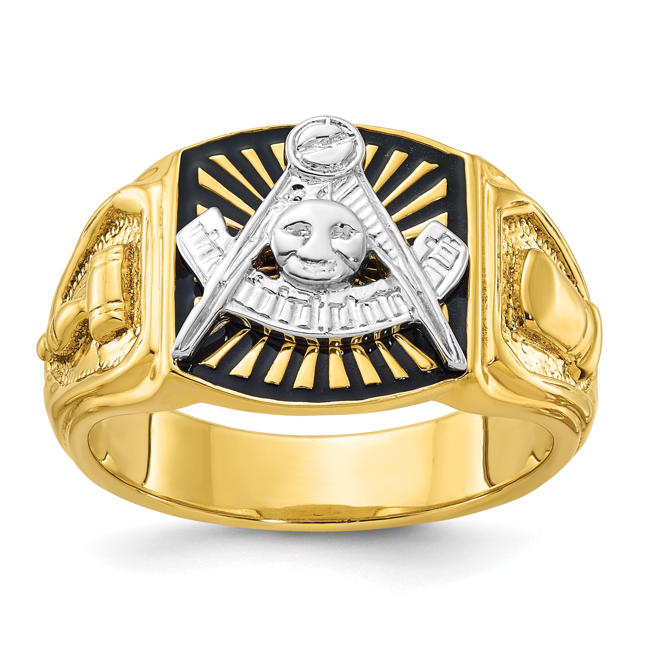 10k Two-tone Men's Polished and Textured with Black Enamel Past Master Masonic Ring