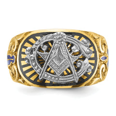 10k Two-tone Men's Polished and Textured with Multi-color Enamel Blue Lodge Master Masonic Ring