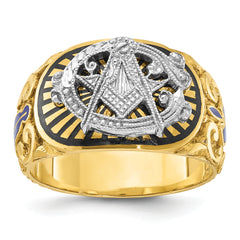 10k Two-tone Men's Polished and Textured with Multi-color Enamel Blue Lodge Master Masonic Ring