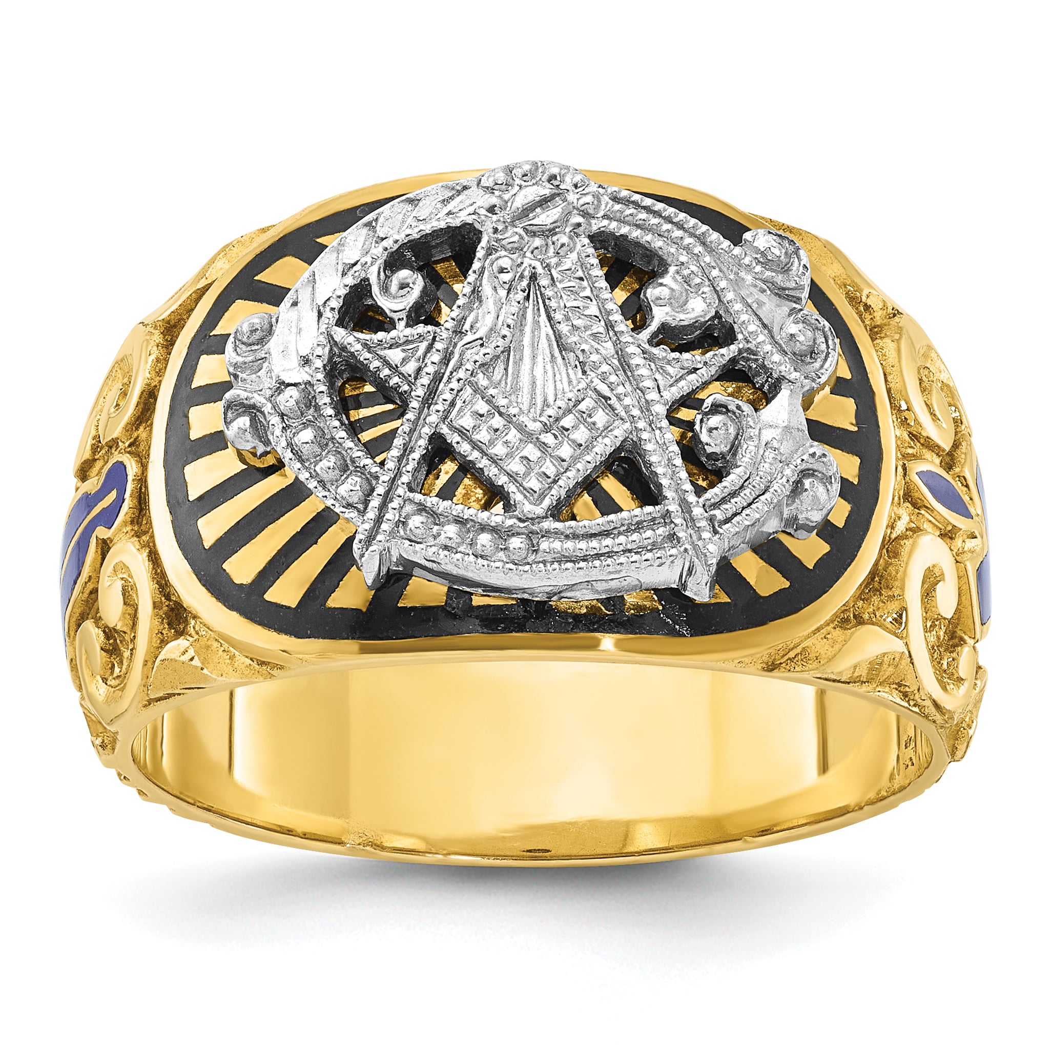 14k Two-tone Men's Polished and Textured with Multi-color Enamel Blue Lodge Master Masonic Ring