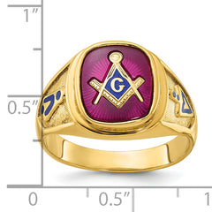 10k Men's Polished and Textured with Blue Enamel and Lab Created Ruby Blue Lodge Master Masonic Ring