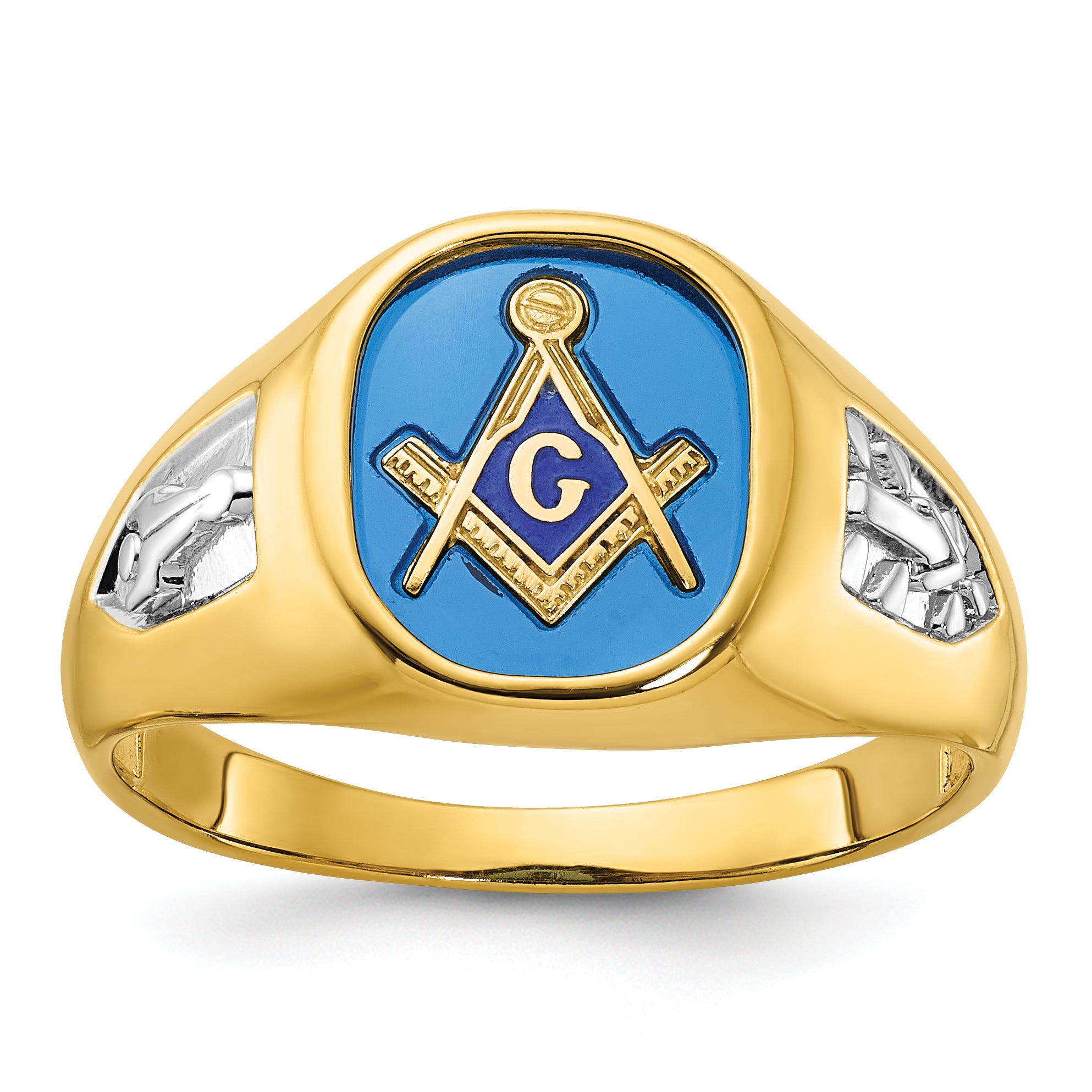 10k with White Rhodium Men's Polished and Textured with Lab Created Sapphire Blue Lodge Master Masonic Ring
