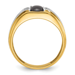10k Two-tone Men's Polished Satin and Grooved Black Star Sapphire and A Quality Diamond Ring