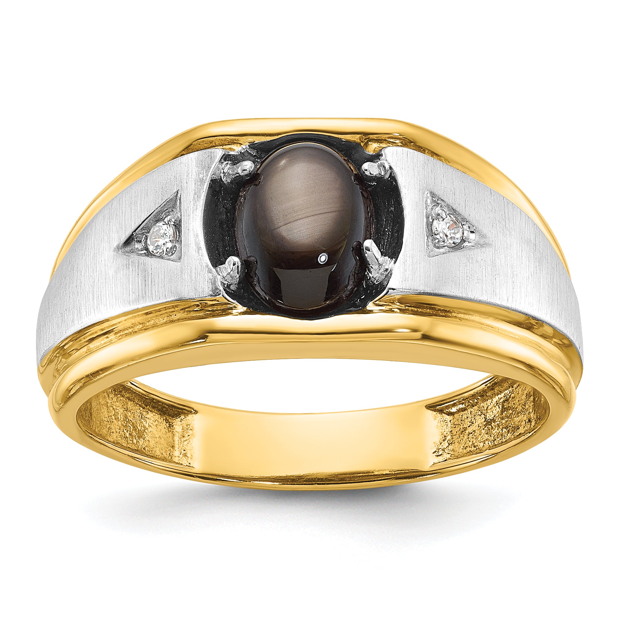 10k Two-tone Men's Polished Satin and Grooved Black Star Sapphire and A Quality Diamond Ring