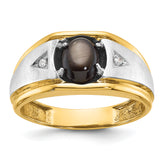 10k Two-tone Men's Polished Satin and Grooved Black Star Sapphire and A Quality Diamond Ring