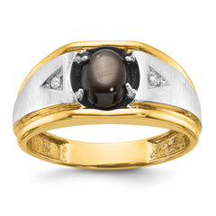 10k Two-tone Men's Polished Satin and Grooved Black Star Sapphire and A Quality Diamond Ring