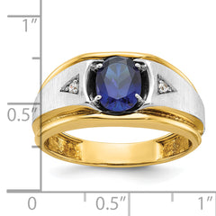 10k Two-tone Men's Polished Satin and Grooved Lab Created Sapphire and A Quality Diamond Ring