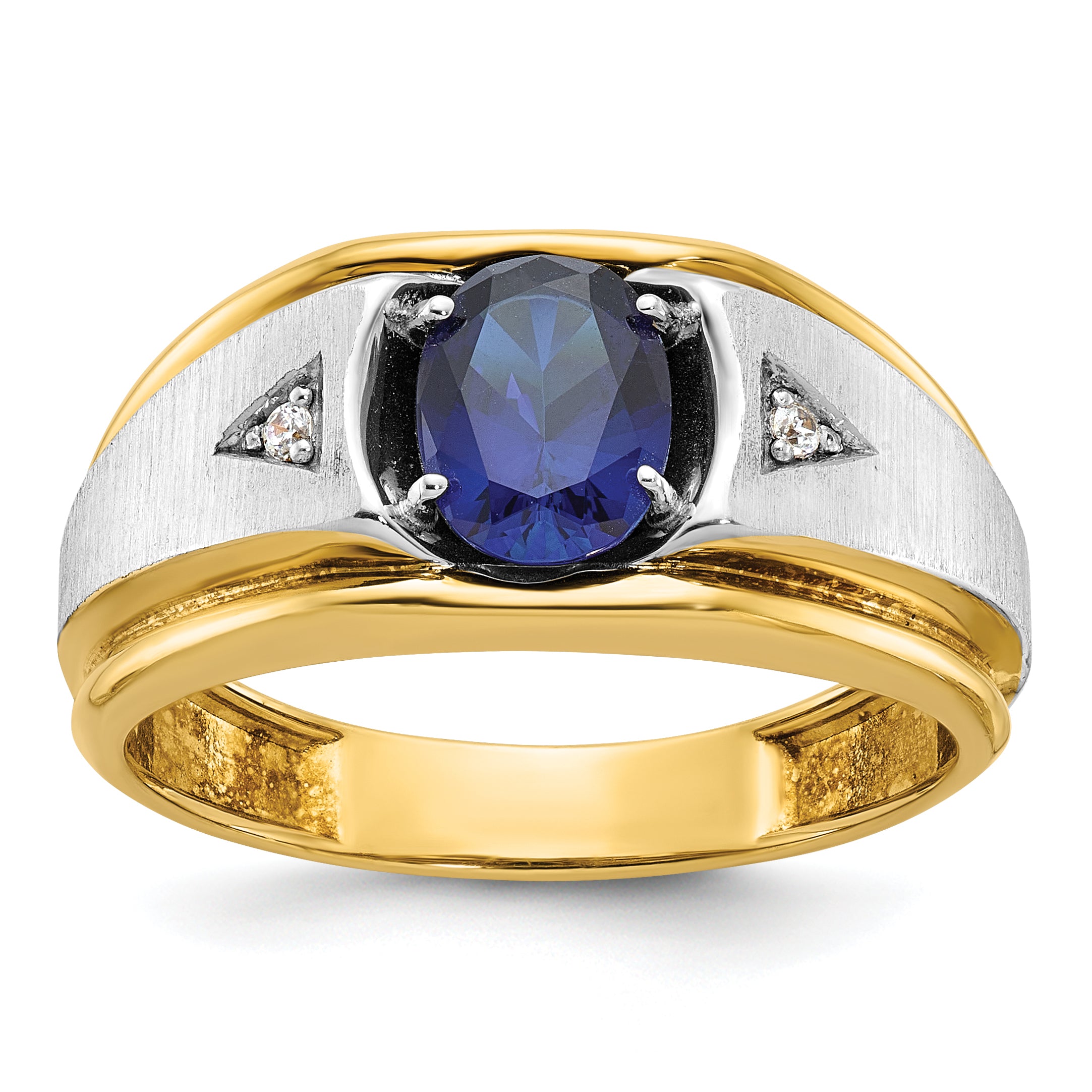 10k Two-tone Men's Polished Satin and Grooved Lab Created Sapphire and A Quality Diamond Ring