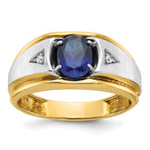 14k Two-tone Men's Polished Satin and Grooved Lab Created Sapphire and AA Quality Diamond Ring