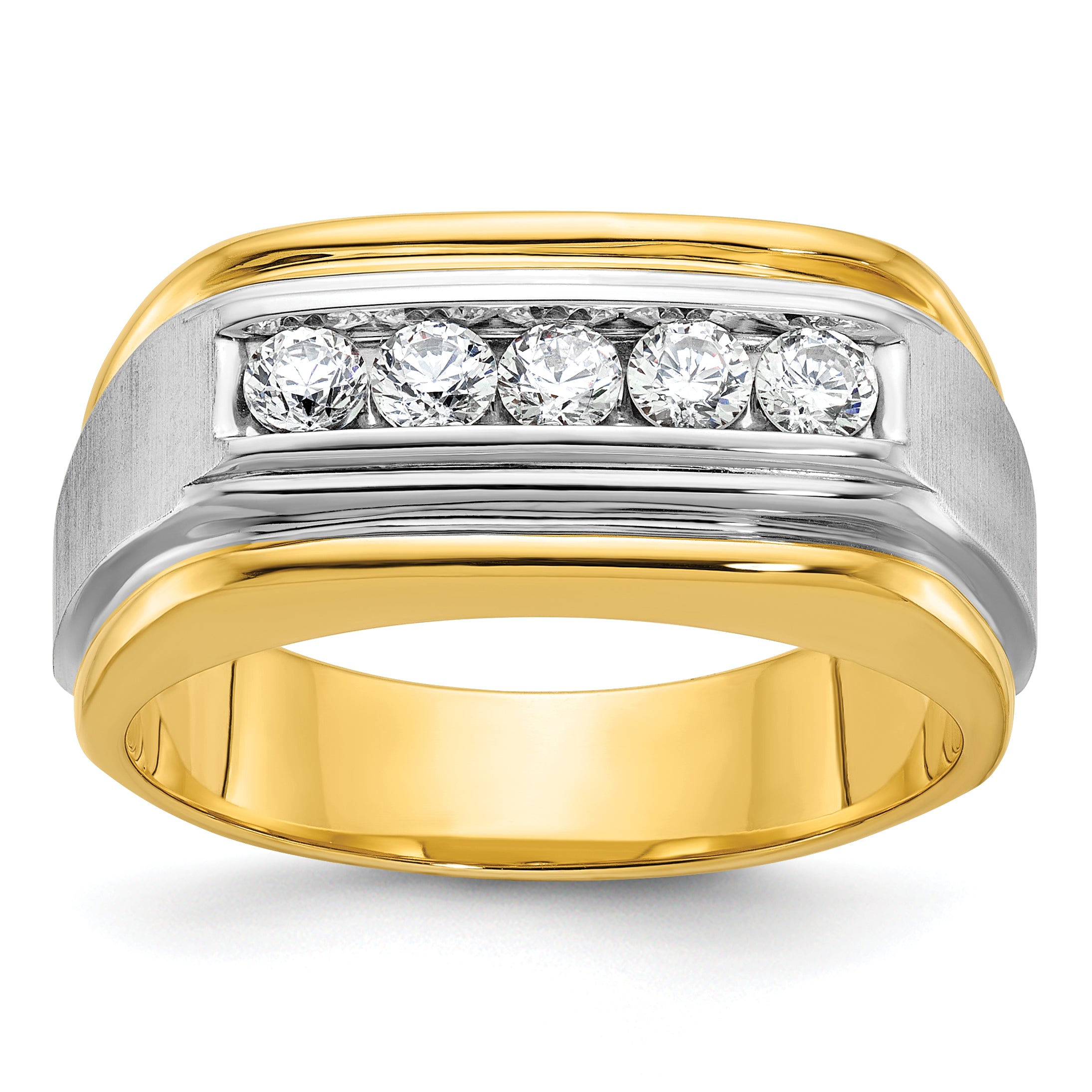 10k Two-tone Men's Polished Satin and Grooved 5-Stone 1/2 Carat A Quality Diamond Ring