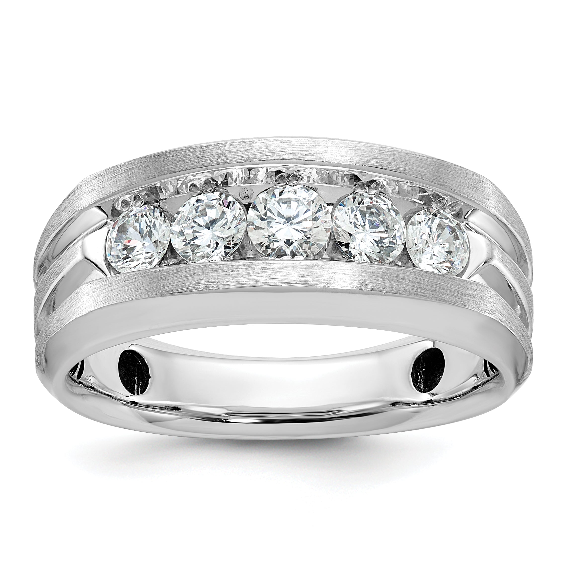 10k White Gold Men's Polished Satin and Grooved 5-Stone 1 Carat A Quality Diamond Ring