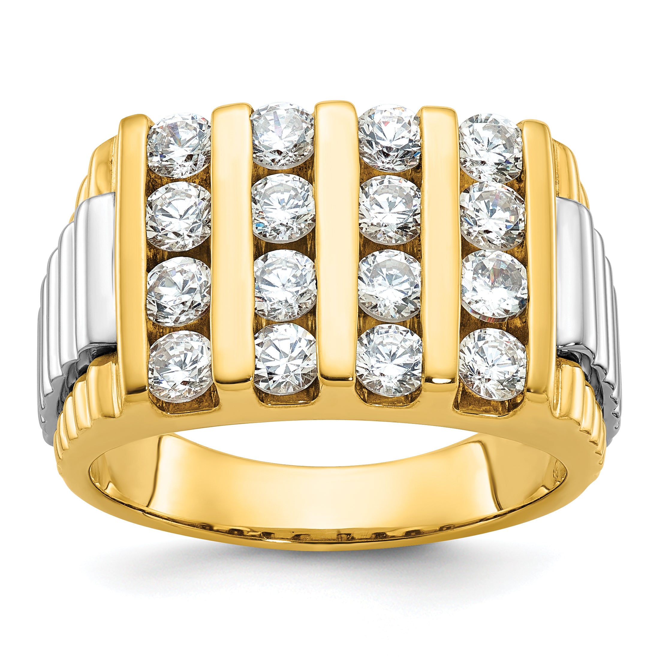 14k Two-tone Men's Polished and Textured 4-Row 2 Carat Lab Grown Diamond Ring - Sophia Jewelers