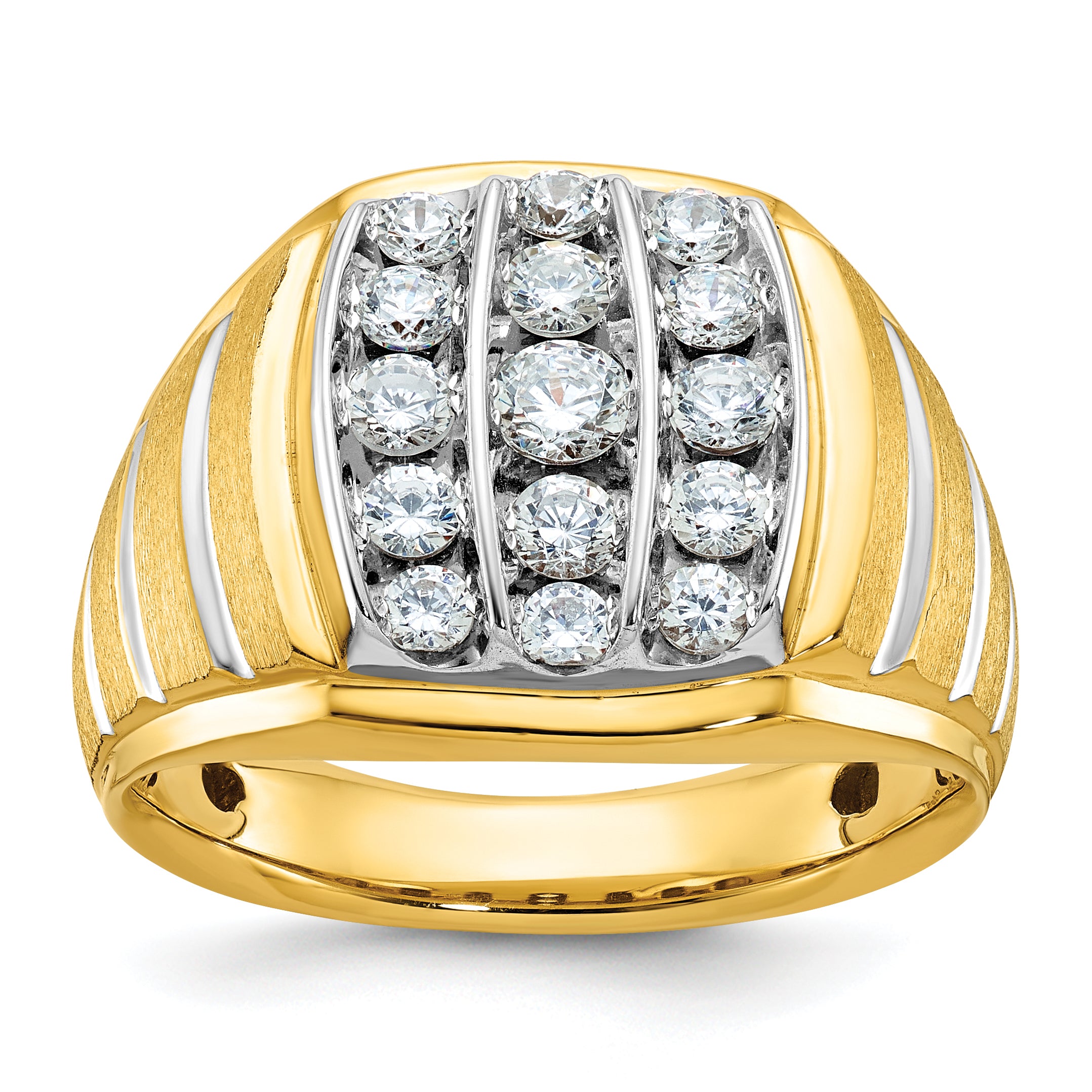 10k Two-tone Men's Polished Satin and Grooved 1 Carat A Quality Diamond Ring