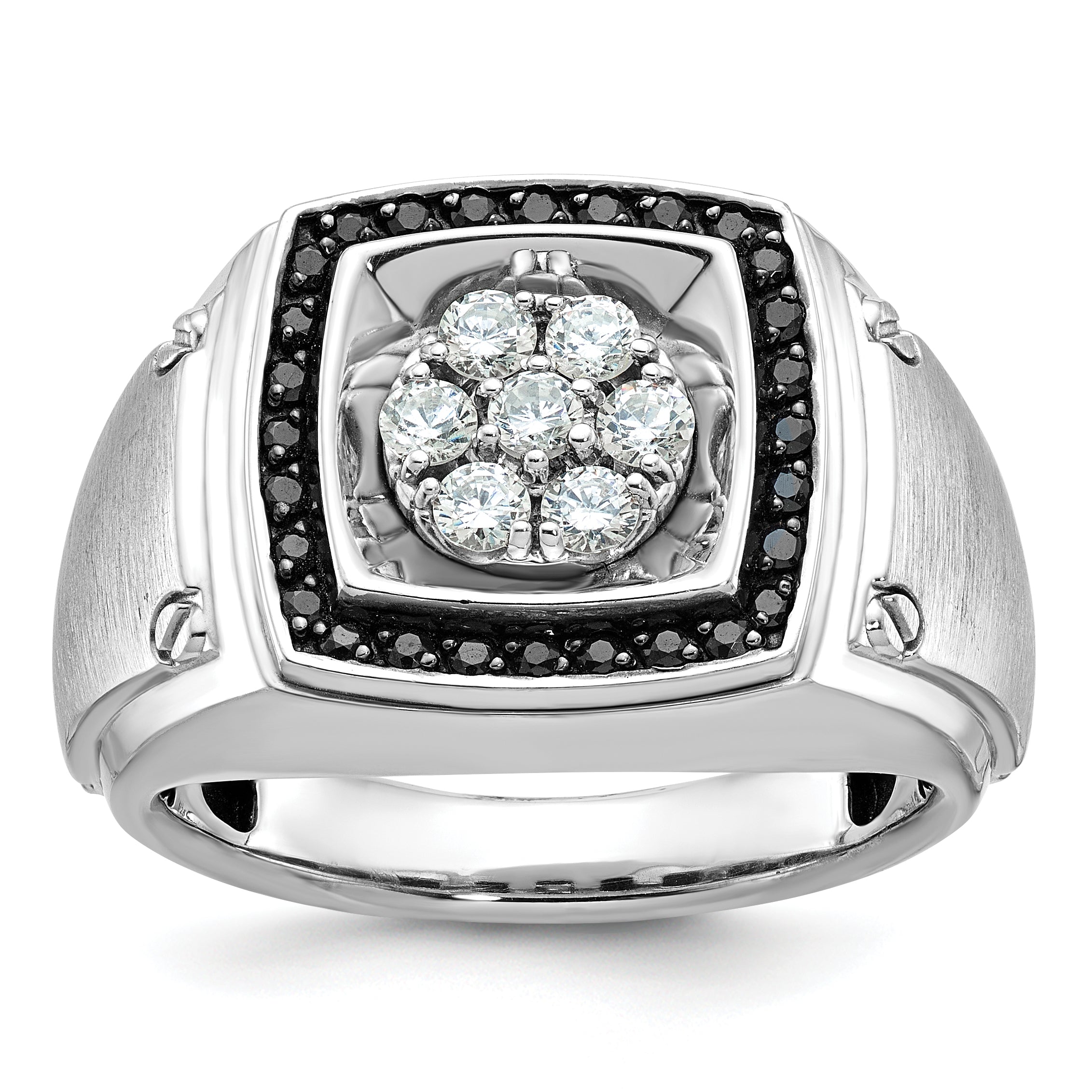 10k White Gold Men's Polished and Satin 3/4 Carat A Quality Black and White Diamond Halo Cluster Ring