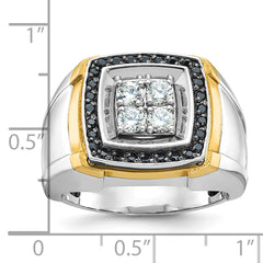 10k Two-tone Men's Polished 3/4 Carat A Quality Black and White Diamond Square Cluster Ring