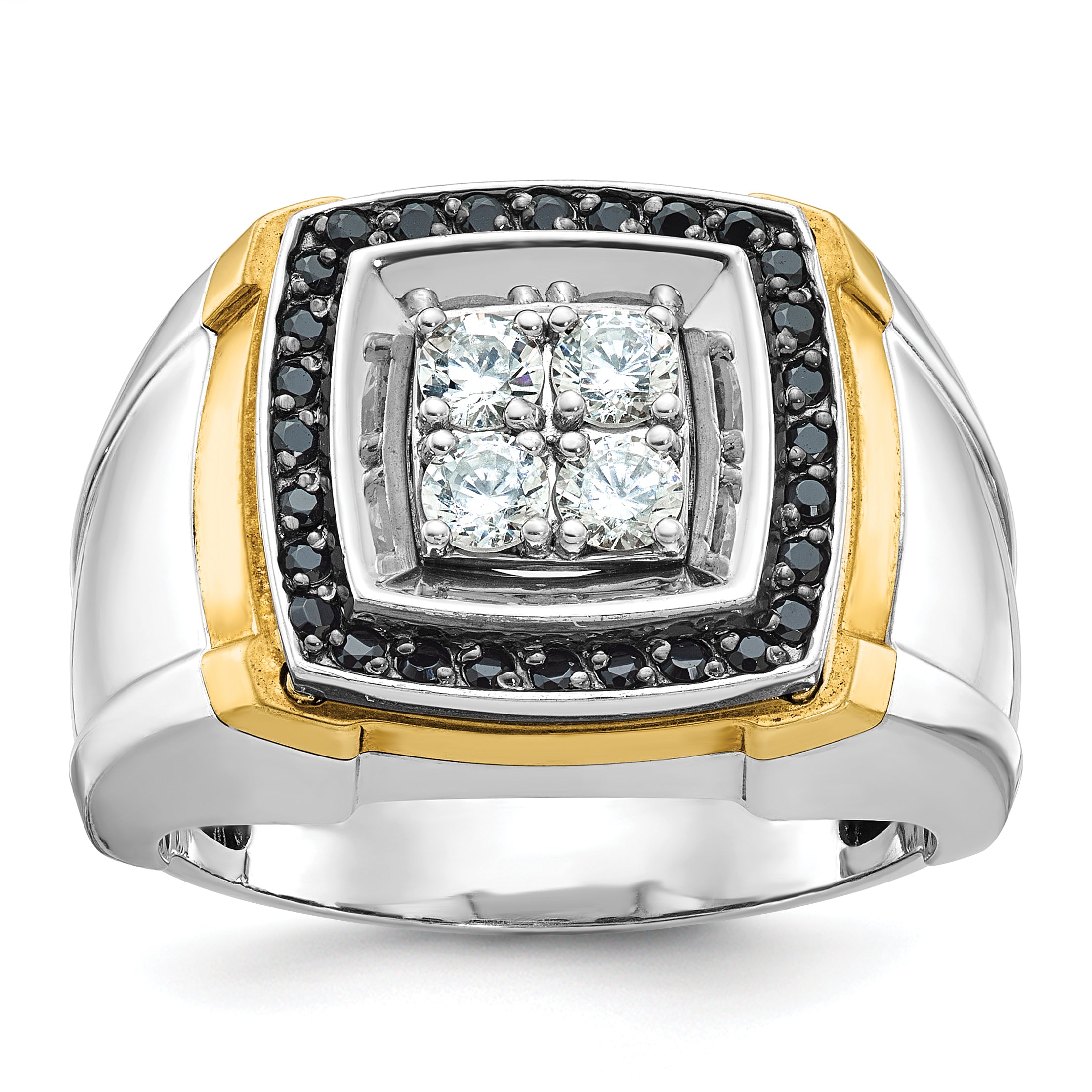 10k Two-tone Men's Polished 3/4 Carat A Quality Black and White Diamond Square Cluster Ring