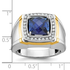10k Two-tone Men's Polished Lab Created Sapphire and A Quality Diamond Ring