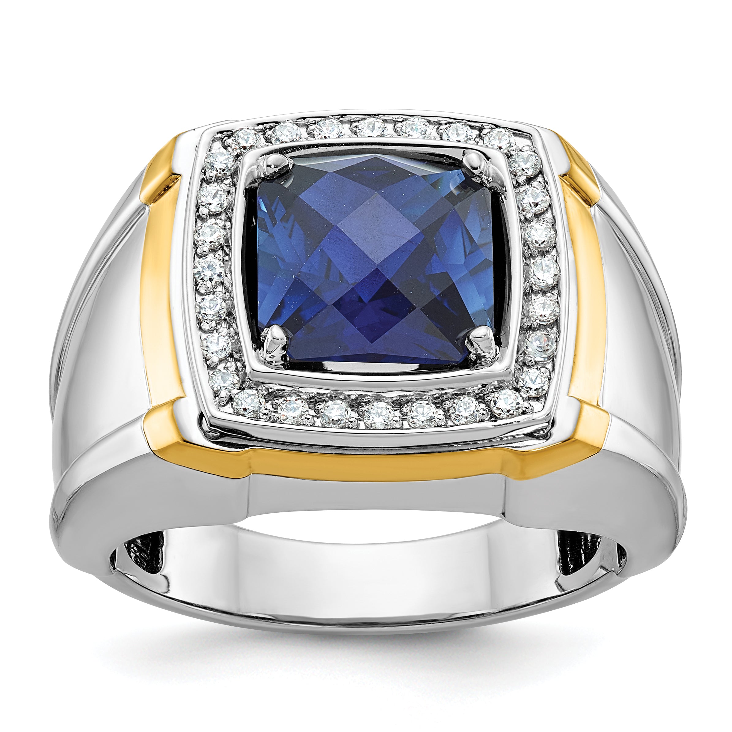10k Two-tone Men's Polished Lab Created Sapphire and A Quality Diamond Ring