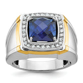 10k Two-tone Men's Polished Lab Created Sapphire and A Quality Diamond Ring