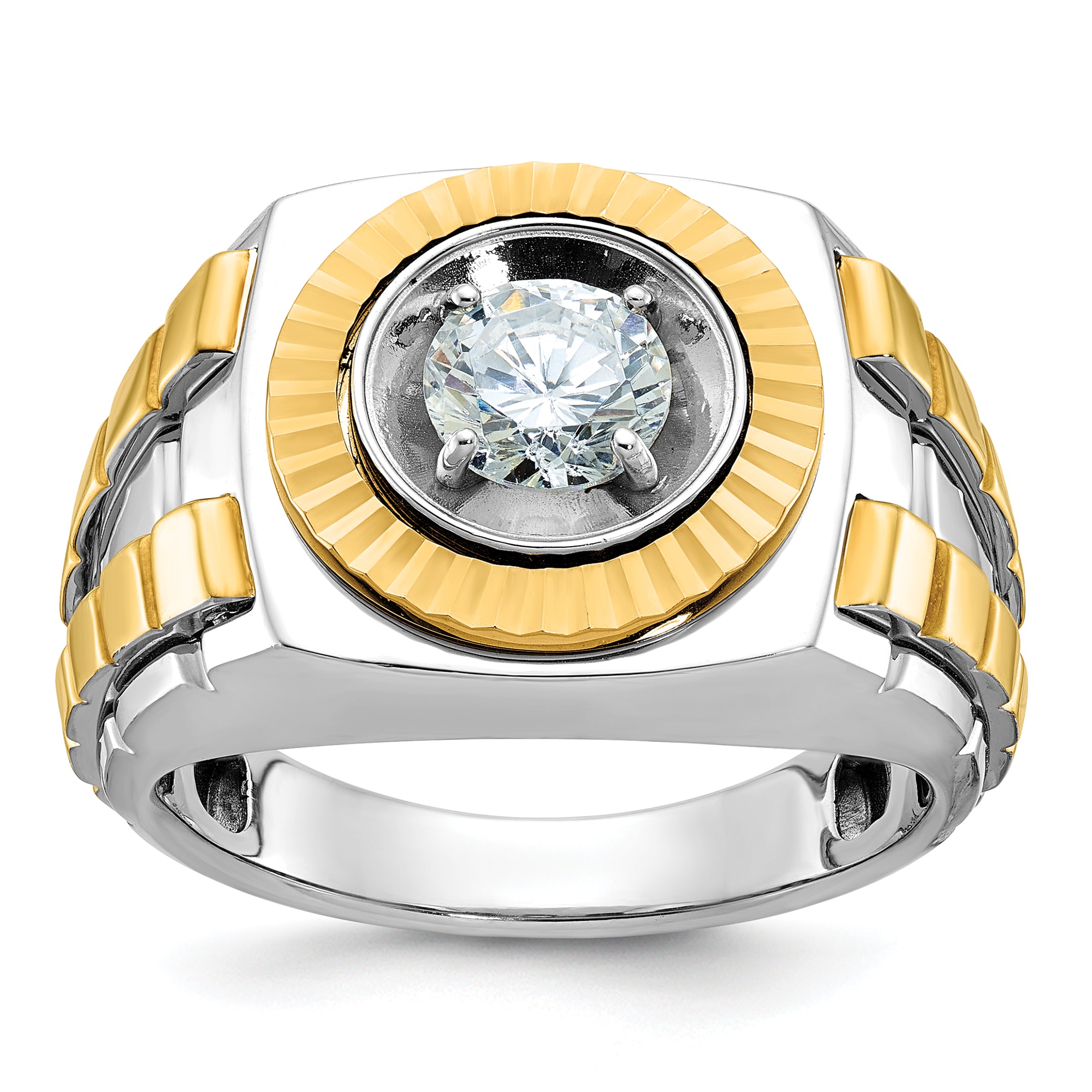 14k Two Tone 1 carat Lab Grown Diamond VS/SI+ G+ Complete Polished Satin and Textured Men's Ring