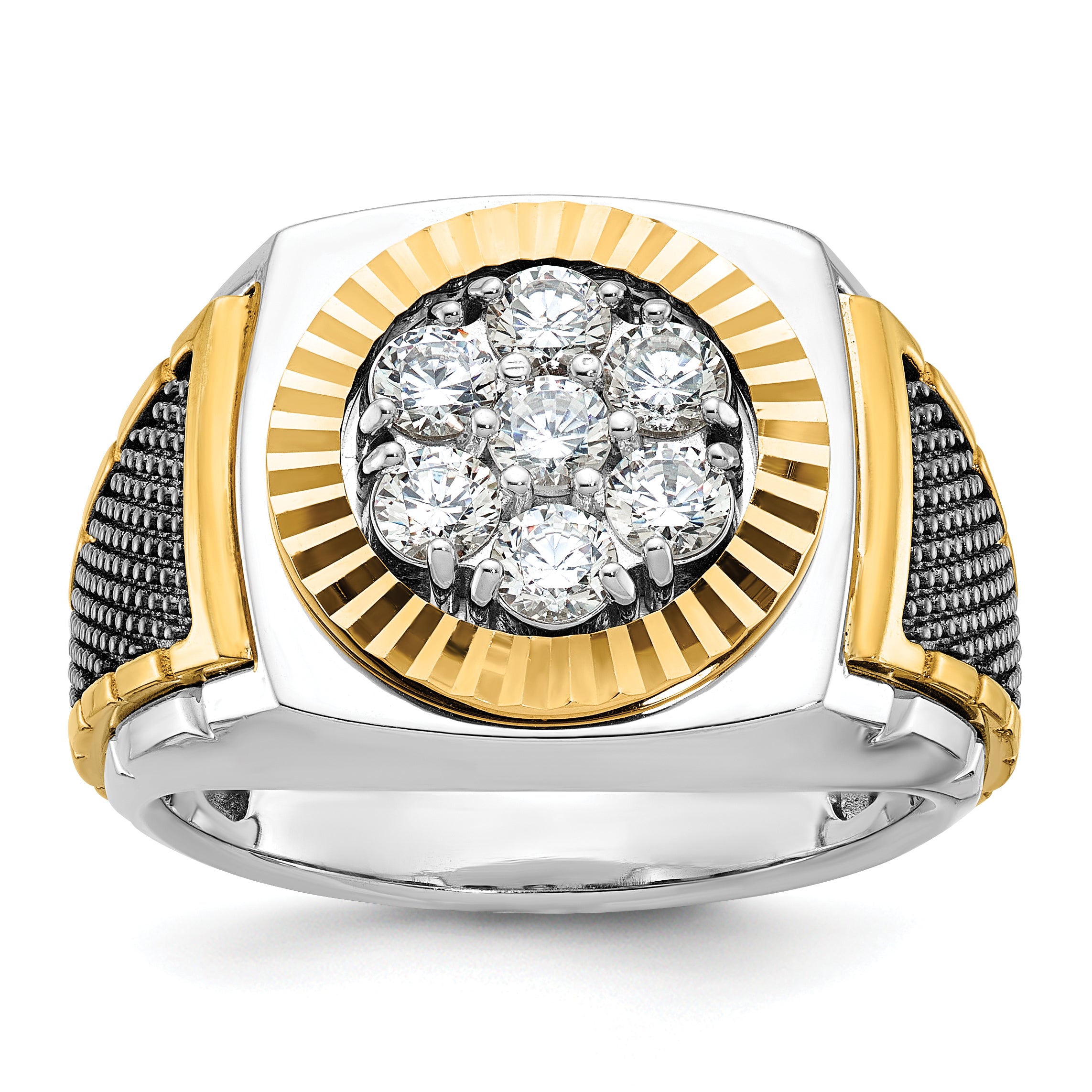 10k Two-tone with Black Rhodium Men's Polished Textured and Diamond-cut 1 Carat A Quality Diamond Round Cluster Ring