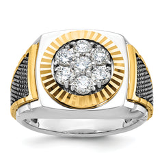 10k Two-tone with Black Rhodium Men's Polished Textured and Diamond-cut 1 Carat A Quality Diamond Round Cluster Ring