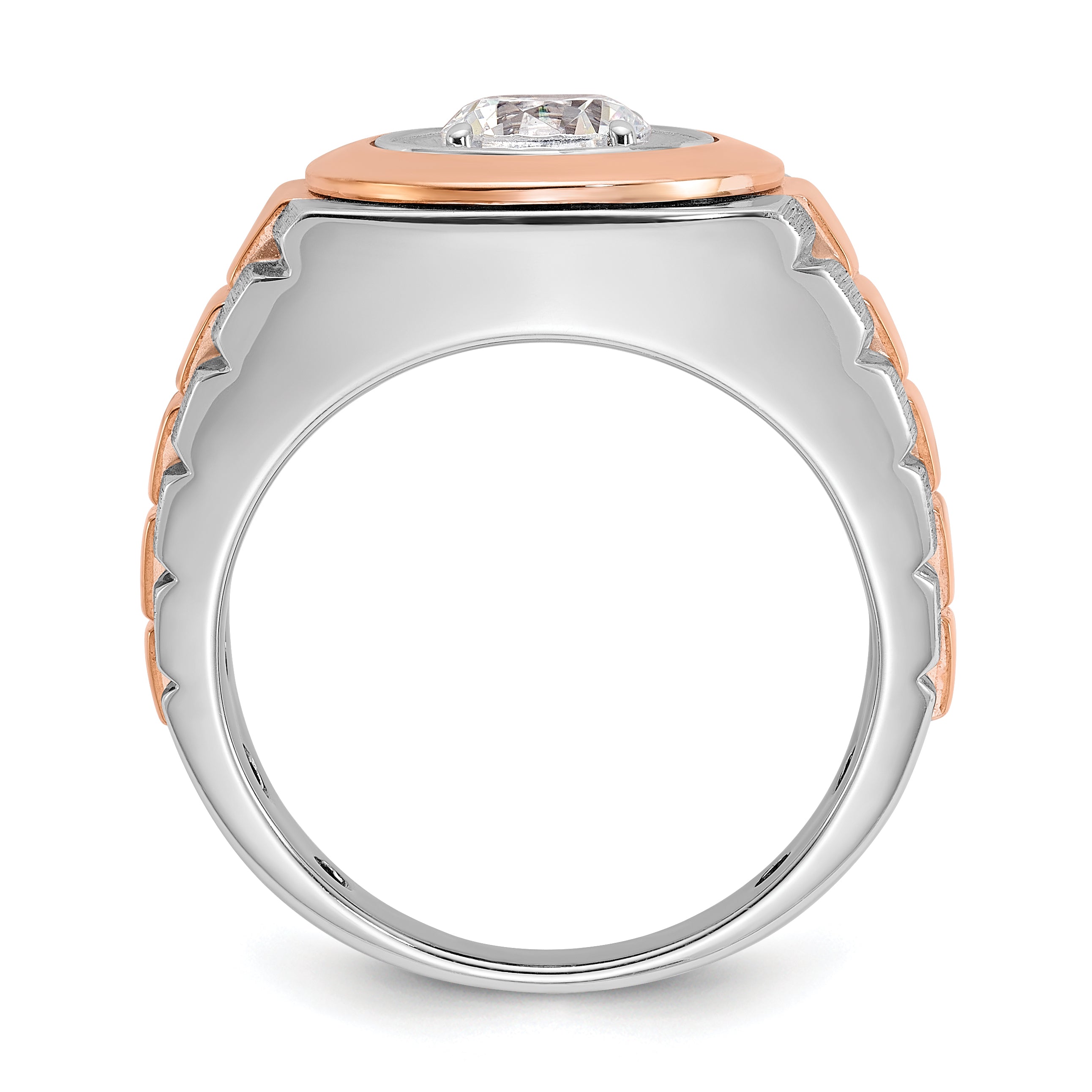 14k White and Rose Gold Men's Polished Satin and Grooved Solitaire Ring Mounting (No Stones Included)