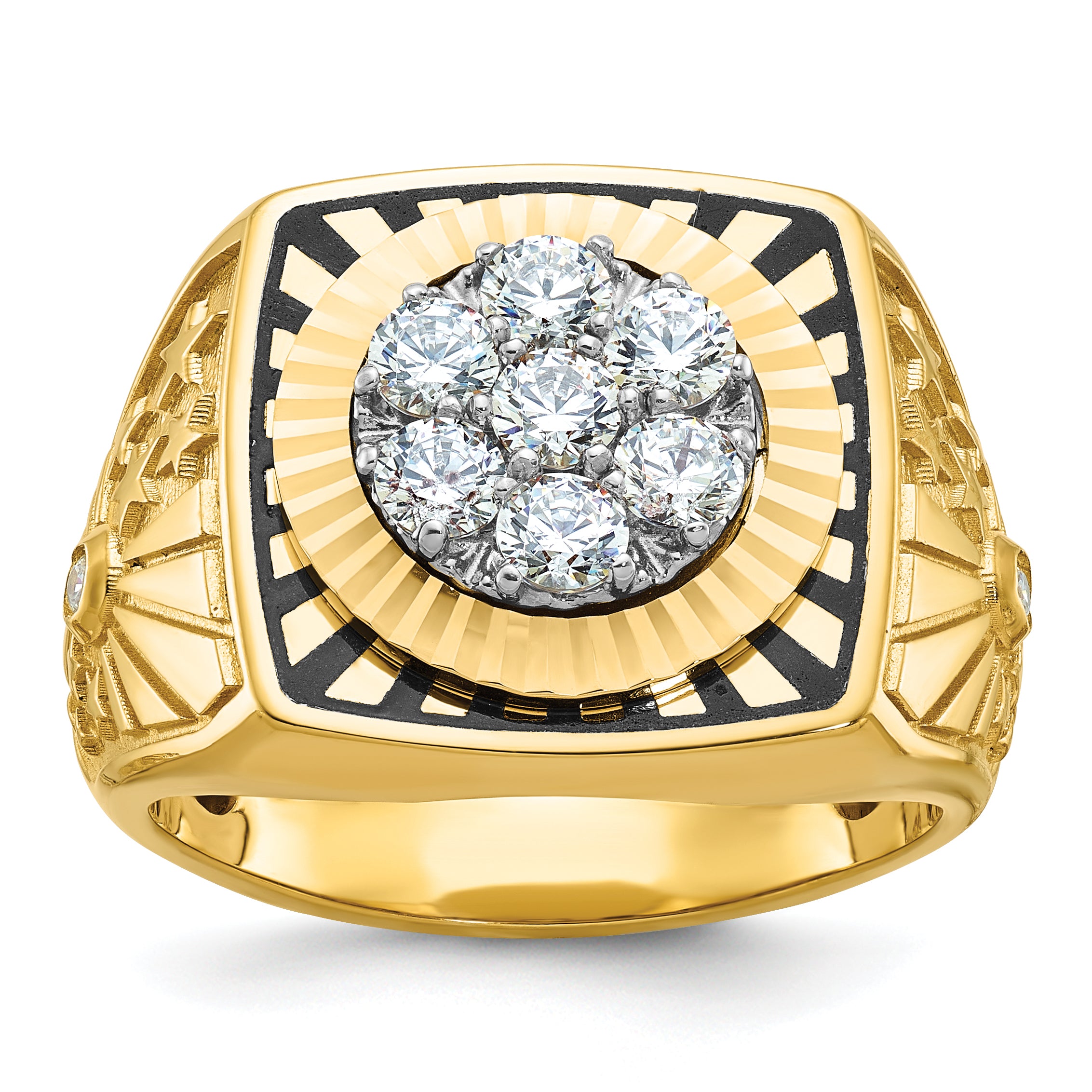 10k Two-tone with Black Enamel Men's Polished Textured and Diamond-cut 1 Carat A Quality Diamond Stars and Stripes Round Cluster Ring