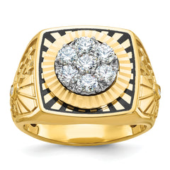 10k Two-tone with Black Enamel Men's Polished Textured and Diamond-cut 1 Carat A Quality Diamond Stars and Stripes Round Cluster Ring
