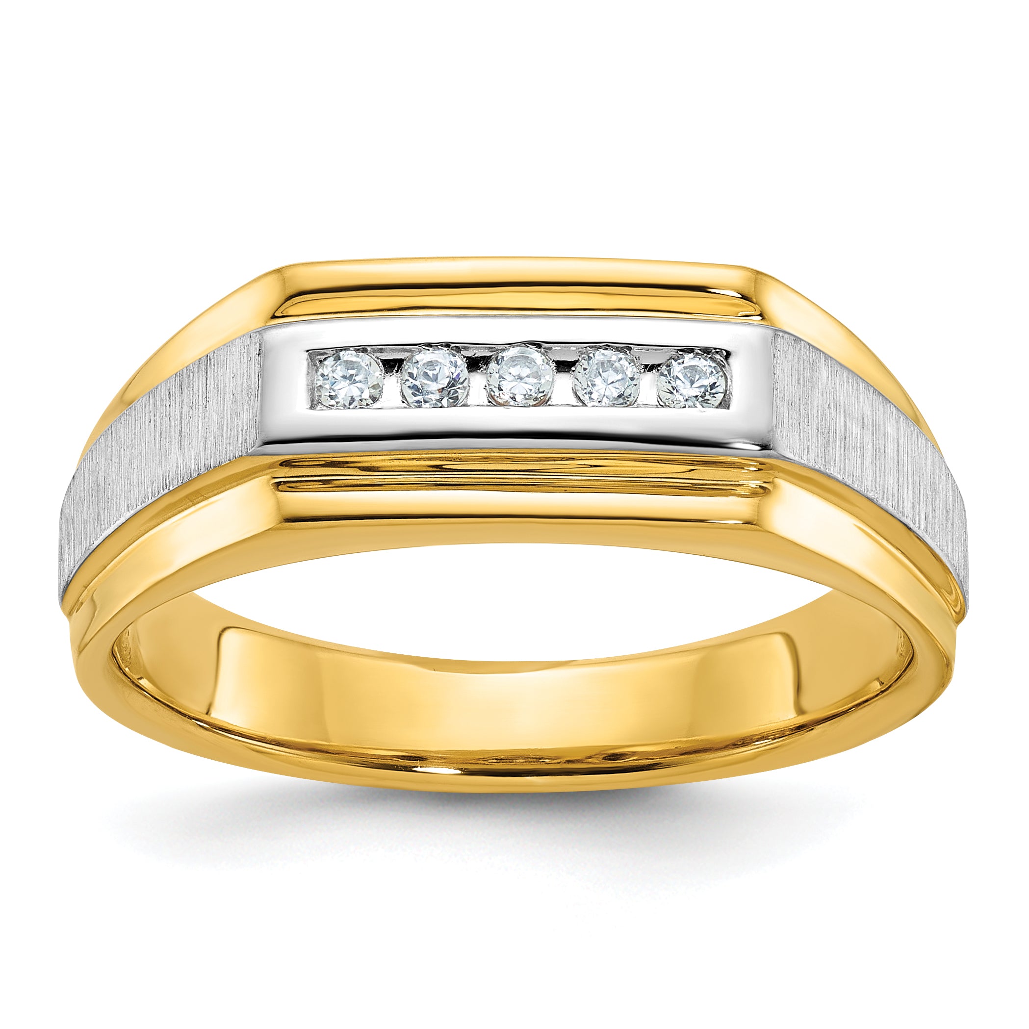 14k with White Rhodium Men's Polished and Satin 5-Stone 1/10 Carat AA Quality Diamond Ring