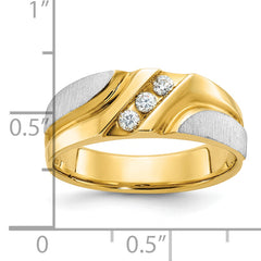 10k Two-tone Men's Polished Satin and Grooved 3-Stone 1/6 Carat A Quality Diamond Ring