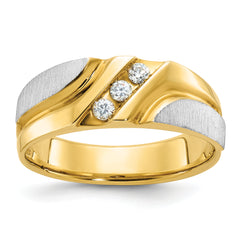 10k Two-tone Men's Polished Satin and Grooved 3-Stone 1/6 Carat A Quality Diamond Ring