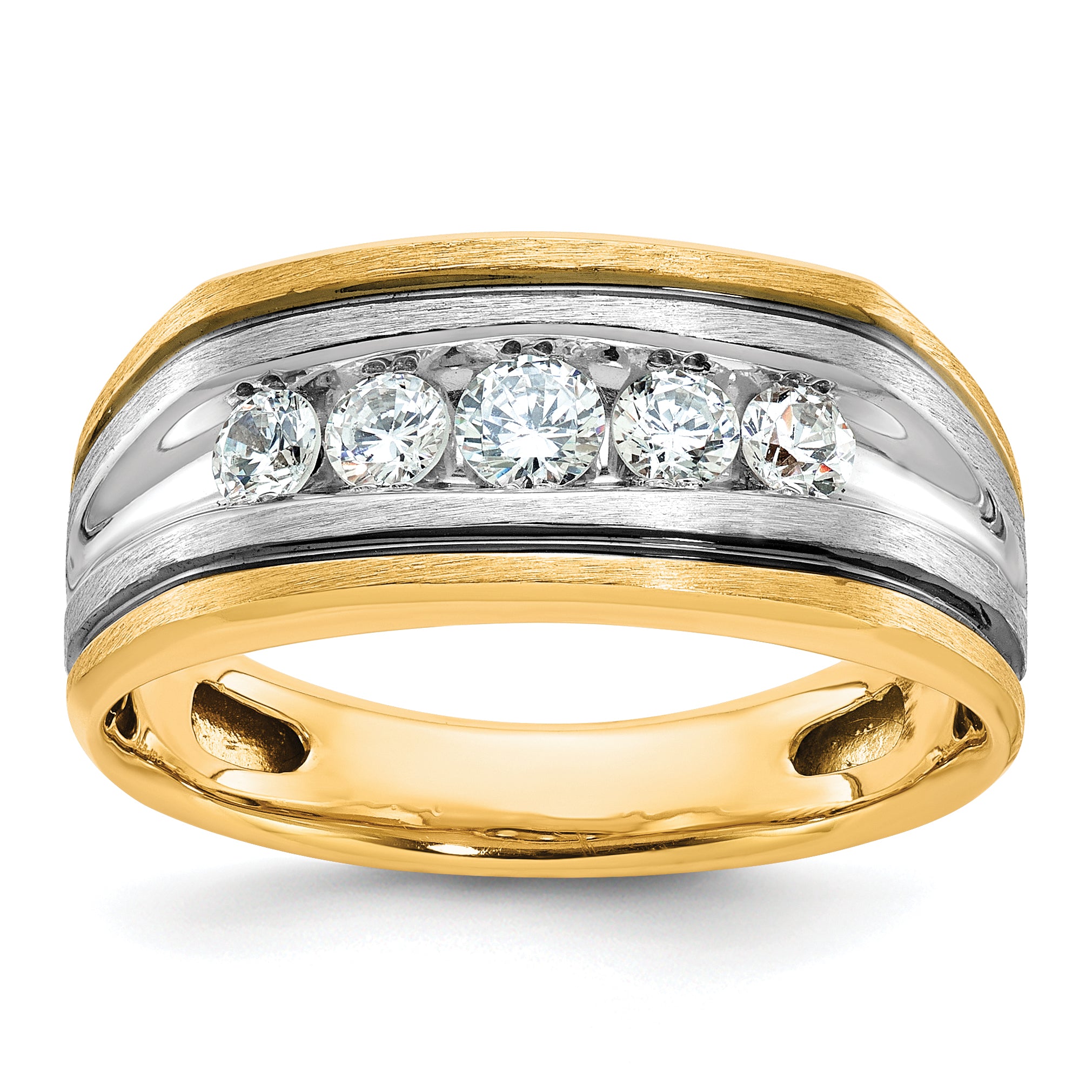 10k Two-tone with Black Rhodium Men's Polished Satin and Grooved 5-Stone 1/2 Carat A Quality Diamond Ring