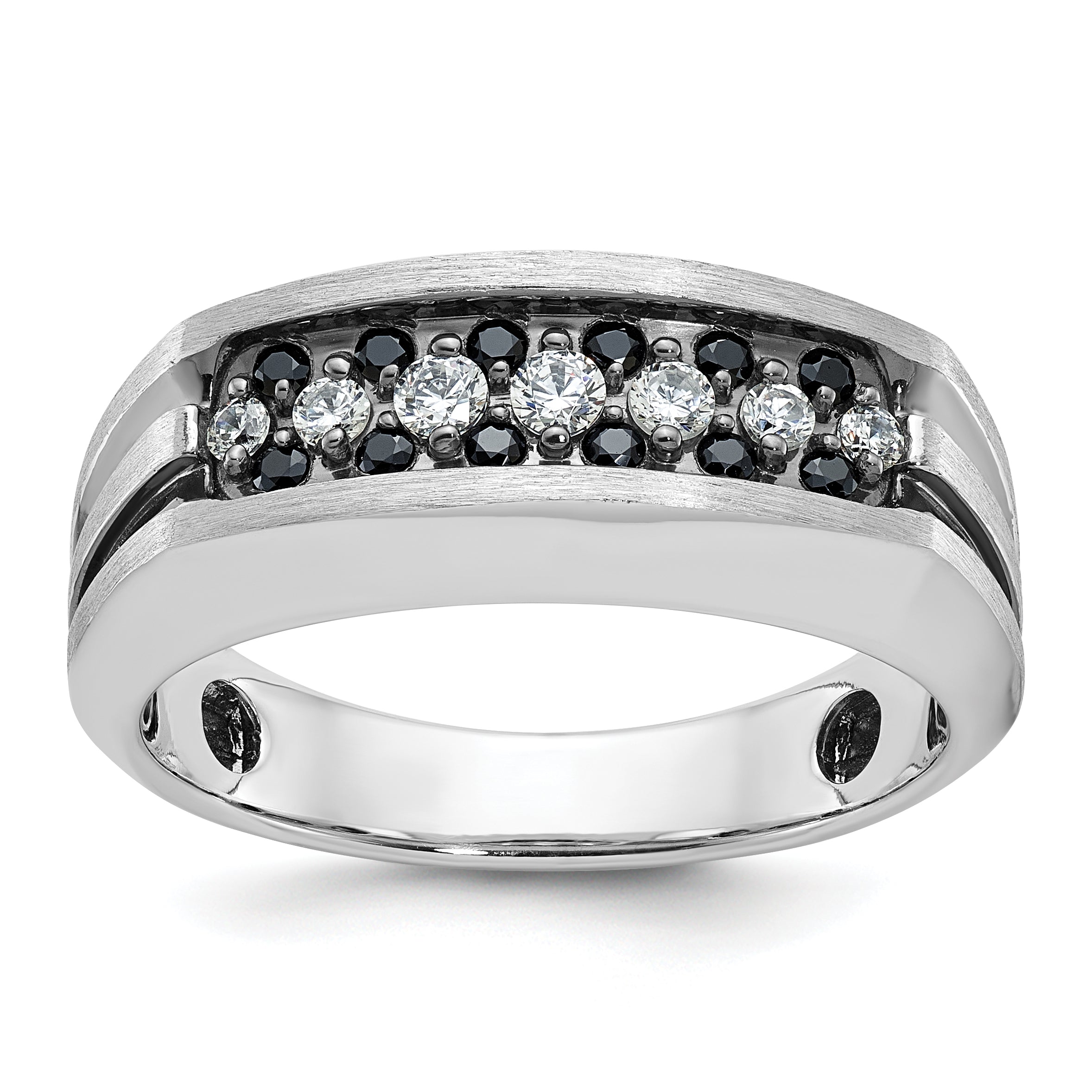 10k White Gold with Black Rhodium Men's Polished Satin and Grooved 1/2 Carat A Quality Black and White Diamond Ring