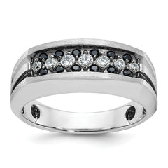 10k White Gold with Black Rhodium Men's Polished Satin and Grooved 1/2 Carat A Quality Black and White Diamond Ring