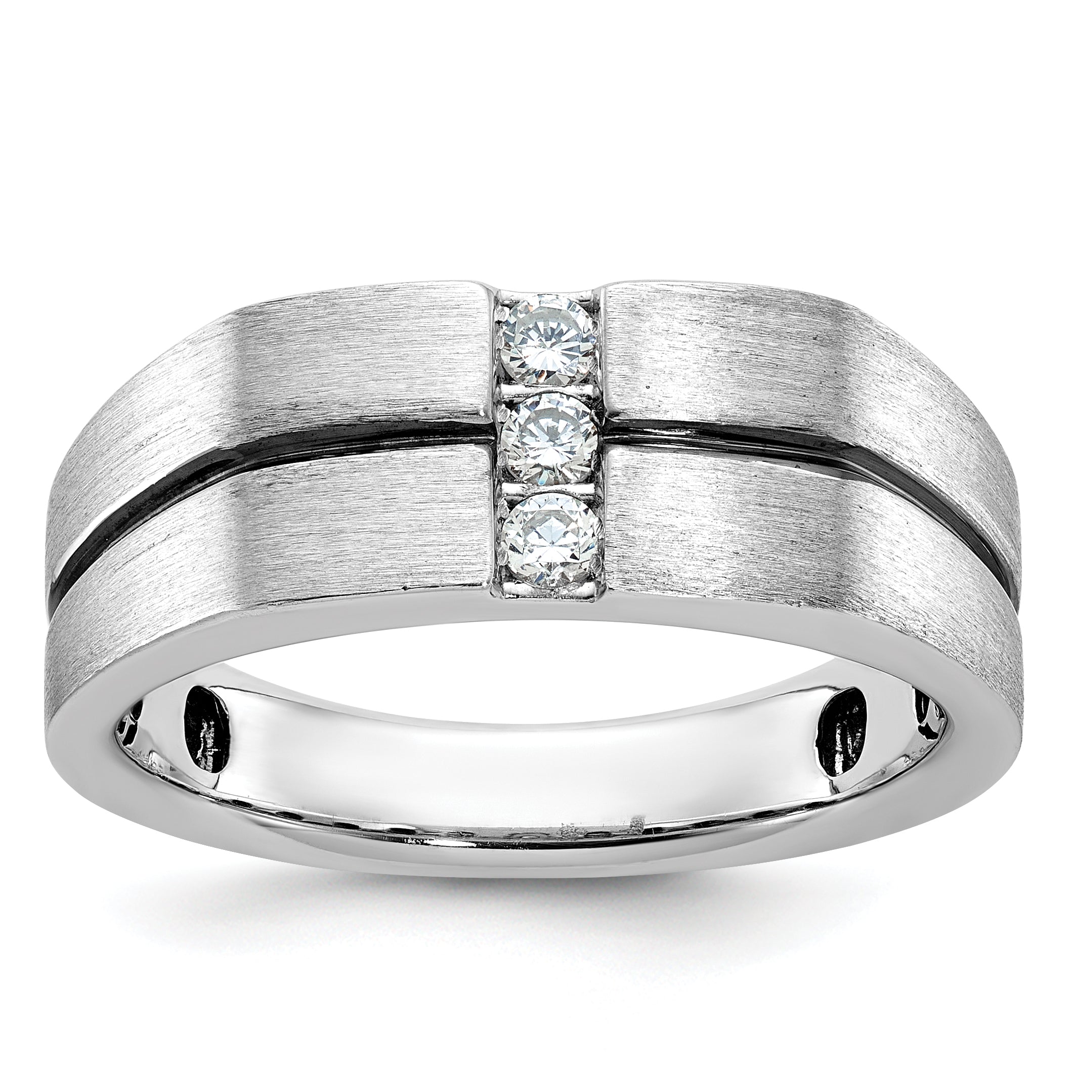 14k White Gold Men's Satin and Grooved 3-Stone Ring Mounting - Sophia Jewelers