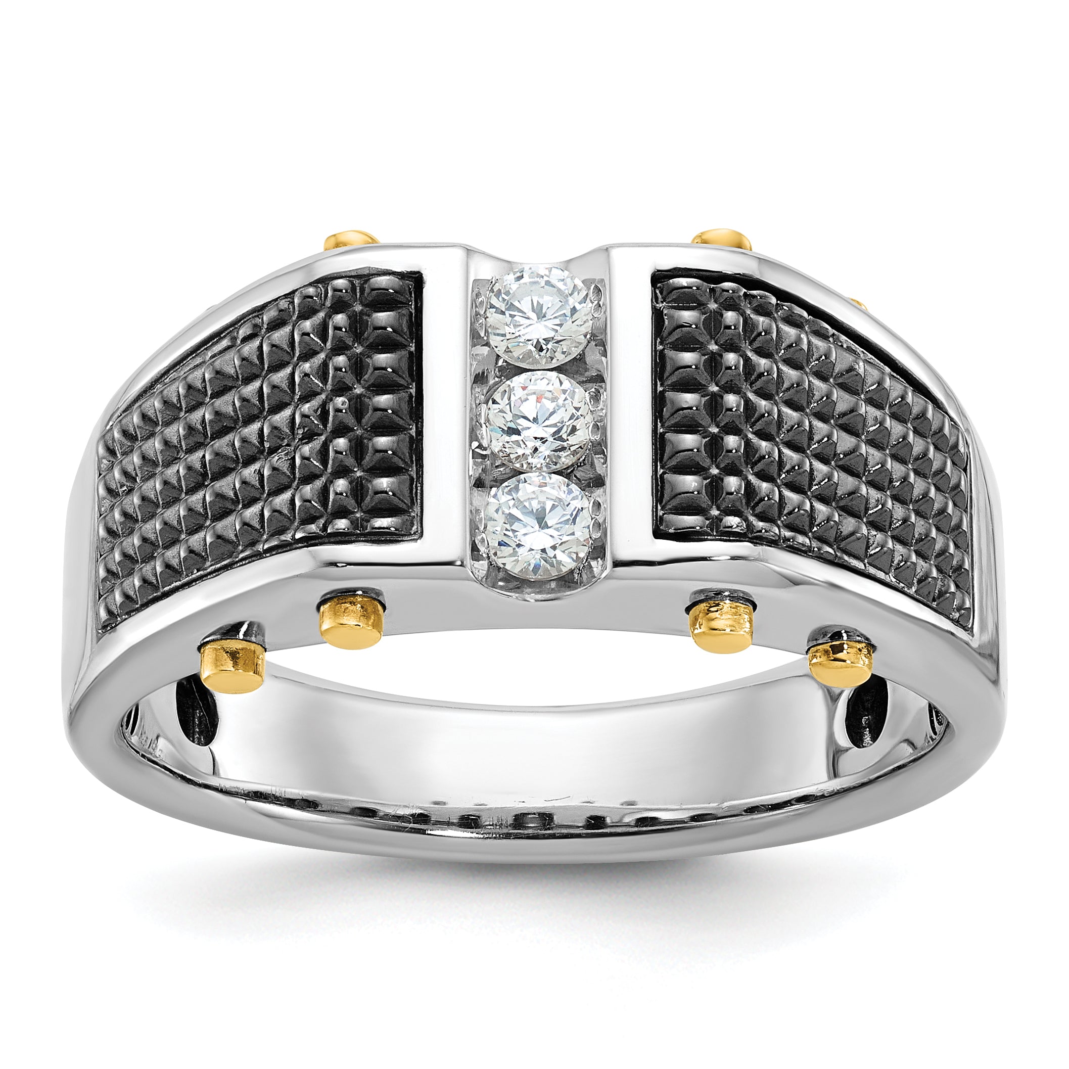 14k Two-tone with Black Rhodium Men's Polished and Textured 3-Stone 1/4 Carat Lab Grown Diamond Ring - Sophia Jewelers