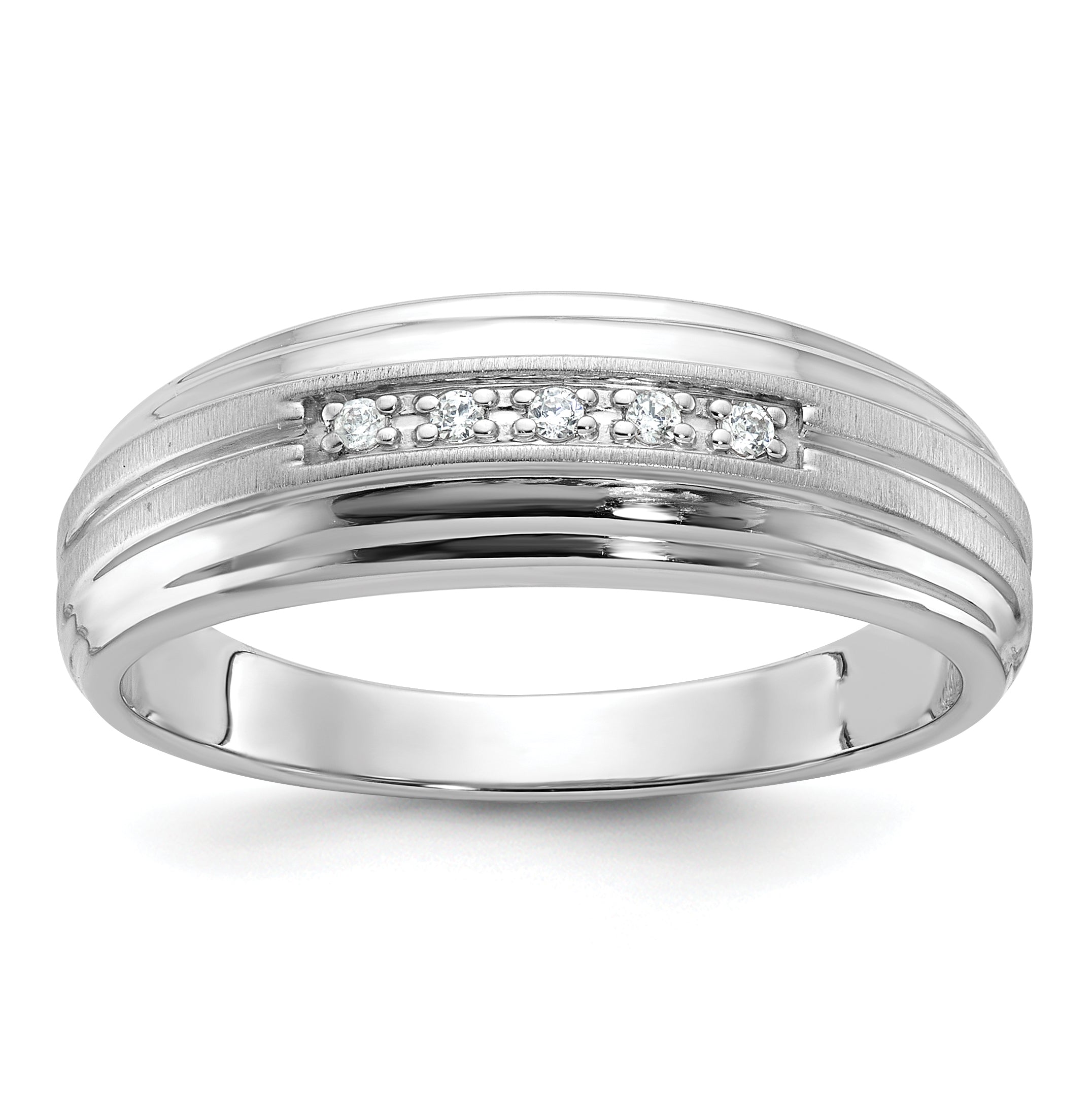 10k White Gold Men's Polished Satin and Grooved 5-Stone 1/20 Carat A Quality Diamond Ring